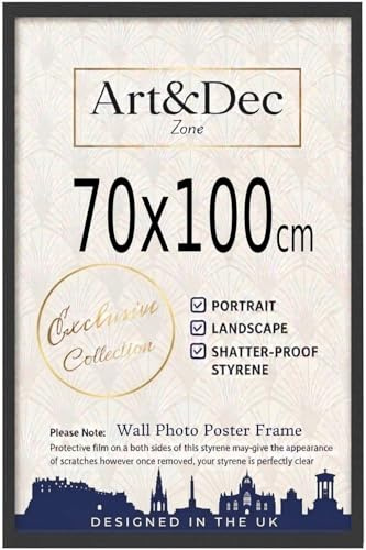 Art & Dec Zone® Sleek Black MDF Picture Frame 70x100 cm XL Durable MDF Poster Frame with Clear Acrylic Protection – Wall Display for Photos, Artwork & Prints