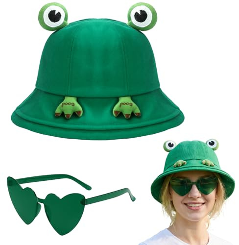 TIHNY Niedlicher Frosch Bucket-Hut mit Brille Set, Baumwolle, breite Krempe, faltbar, Sommer-Sonnenhut für Damen & Mädchen, Festival, Party, Outdoor