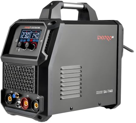 Soldador MIG MAG Dnipro-M SA i140, 140A, con MMA y Lift TIG, 160V AC | Hilo de 0,8-1,0 mm y electrodos 1,6-3,2 mm │ Alimentación de hilo de 2 a 13 m/min │ Antorcha MIG de 3 m incluida, 5,7 kg