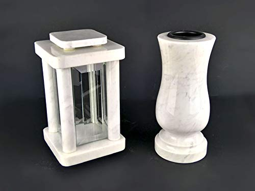 designgrab Modern Grablampe mit Vase aus Carrara Marmor weiß, Grabschmuckset
