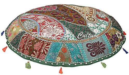 Stylo Culture Ethnisch Bodenkissenbezug Bodensitzkissen Boho 100 x 100 cm Groß Rund Vintage Dunkelgrün Bohemien Patchwork Lounge-Sessel Baumwolle Bestickt Bodenkissen Balkon