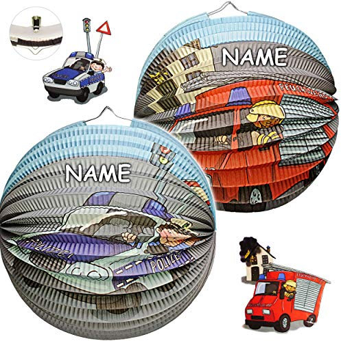 alles-meine.de GmbH 2 TLG. Set Laterne/Lampion - Feuerwehr & Polizei - inkl. Name - Rund - aus Papier - für Kinder - Papierlaterne - Lampe - Laternen Lampions - Figur - für L..