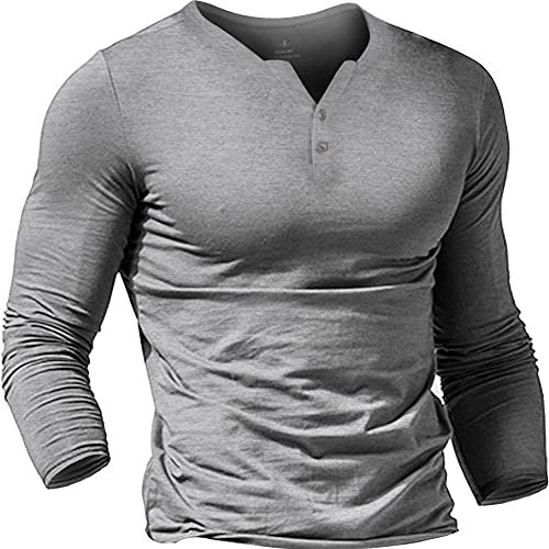 Mens Long Sleeve Henleys T-Shirts Buttons Placket Plain v Neck Cotton Shirts Cotton Style B Grey XL