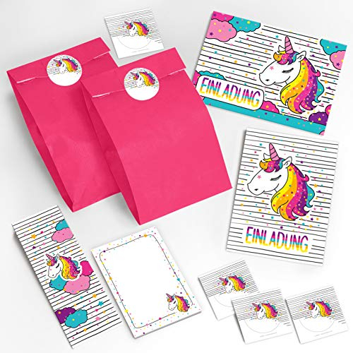 JuNa-Experten 12 Einladungskarten zum Kindergeburtstag Einhorn für Mädchen/Unicorn incl. 12 Umschläge, 12 Tüten/rosa, 12 Aufkleber, 12 Blöcke, 12 Lesezeichen