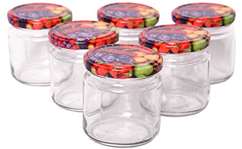 SHD Handels GmbH 6x 210 ml Einmachgläser mit Schraubverschluss inkl. Deckel – Set aus 6 Konservengläsern mit Schraubdeckel mit Fruchtmotiv zum Einwecken von Marmelade, Gurke, Gemüse, usw.
