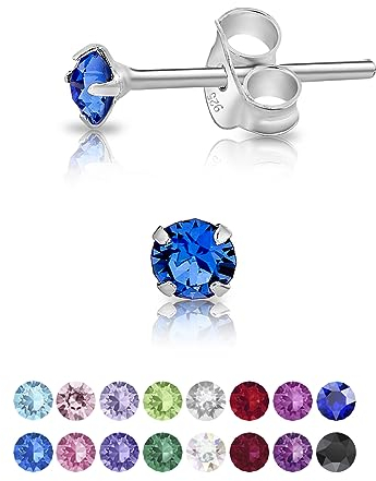 DTPsilver - Winzige Ohrringe 925 Sterling Silber mit Kristallen von Swarovski® Elements Runde Sehr kleine Ohrstecker - Durchmesser 3 mm - Farbe : Blauer Saphir