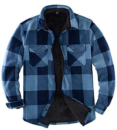 Herrenjacke aus warmem Sherpa-Fleece, kariert, Flanellhemd (komplett mit Sherpa-Fleece gefüttert) blau S