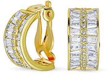 Art Deco Style Bridal Statement Aaa Cz Half Hoop Baguette Earrings For Women Wedding Prom Holiday Formal Party Clip On Yellow Gold Plated