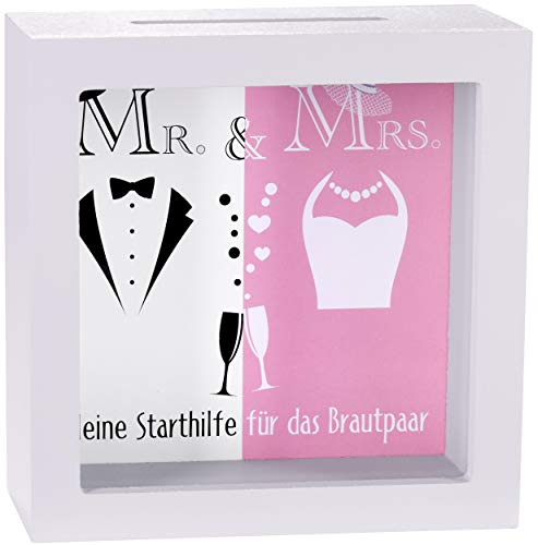 BRUBAKER Bilderrahmen Spardose Mr & Mrs - Kleine Starthilfe für das Brautpaar - Kreatives Geldgeschenk zur Hochzeit aus Holz zum Befüllen - 3D Bilderrahmen Grau