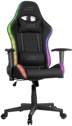 Speedlink REGYS RGB Gaming Stuhl Stoff Bezug – Gamer Stuhl mit LED Beleuchtung, 300 Beleuchtungsmodi mit Fernbedienung, Wippfunktion, Nackenkissen, Lendenkissen, bis 140kg, schwarz