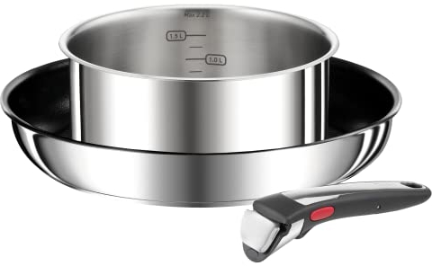 Tefal Ingenio Preference On - Juego de Sartén 26 cm + Cazo 18 cm + Mango extraíble, Apto inducción, antiadherentes, revestimiento titanio, Thermo-signal, sin PFOA, apto lavavajillas y horno
