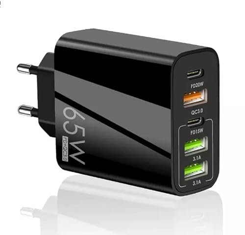 Caricatore Multiplo 65 W 5 Porte USB C, QC3.0, Adattatore USB C PD20W, Caricatore Multiplo Ricarica più Rapida e Sicura. Compatibile con tutti Cellulari inclusi Samsung, Xiaomi