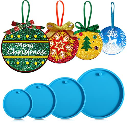 Juome Weihnachtsschmuck Harzformen Silikon, 4 Stück runde Form Anhänger Weihnachtsformen für Epoxidharz, DIY Handwerk Schlüsselanhänger Herstellung Weihnachtsbaumschmuck