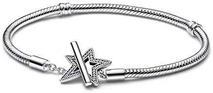PANDORA Moments Asymmetrischer Stern T-Verschluss Schlangen-Gliederarmband aus Sterling Silber mit Cubic Zirkonia Steinen verziert, Moments Collection, Größe: 20, 592357C01-20