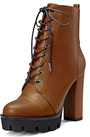 Castamere Donna Alto High Tacco Heel Piattaforma Chunky Blocco Rotonda Punta Stivaletti Lacci Cerniera Stivali Marrone 36 EU