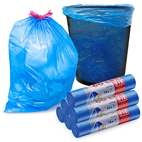 ALUFIX Müllsäcke 60L - 64x70 cm - 6 Rollen mit Zugband - Material LDPE - Extrem Reißfest Blaue Mülltüten - 6 Rollen mit je 15 Stück - Ideal für Reparaturen und Gewerbeabfälle