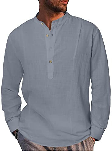 LVCBL Mens Long Sleeve Shirts Cotton Linen Shirt Casual Summer Beach Tops Henley Shirts Grey XL