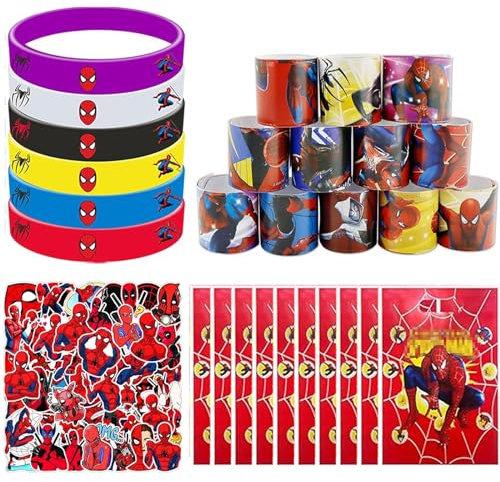 Henkodo Superheld Party Mitgebsel,Spinnen Geburtstagsdeko 12 Silikon Armband,12 Silikon Wristband 10 Geschenktüten,4 Tattoo Aufkleber Geburtstagsgeschenke für Jungen Mädchen Kinder