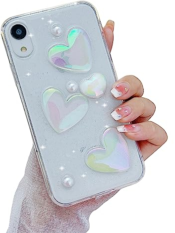 leobray Compatible with iPhone XR Case for Women Girls,Cute 3D Gradient Hearts Design Crystal Pearl Glitter Bling Case Sparkle Sparkly Slim Soft TPU Protective Clear Cover for iPhone xr