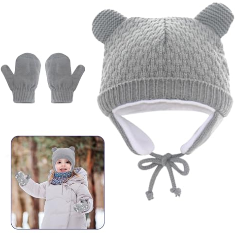 DOWNDRIFT Neugeborene Wintermuetze, Baby Winter Cap, Wintermützen Baby, Mützen Kleinkind mit Fäustling Kombiset für Baby Mädchen Jungen Säuglings Kinder 0-36 Monate(Grau)