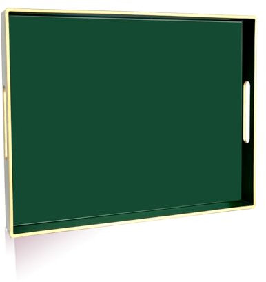 Gifturbo Large Rectangular Plastic Serving Tray, Green with Gold Trimming, 15.7” x 11.8”, Perfect for Coffee Table, Ottoman, Living Room, Bathroom, Home Decor