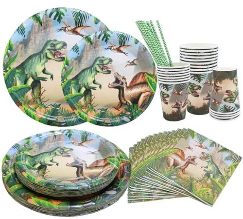 Aitsite 100 Stück Dino Partygeschirr Set, Dinosaurier Partyteller Geburtstag für 20 Gäste, Dino Geburtstag Geschirr, Jura Party Deko Set, Kindergeburtstag Teller Becher Servietten