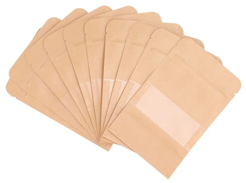 LiebeWH Standbodenbeutel Kraftpapier 9x14 cm, 200 Stck | Frischhaltebeutel mit Fenster, Zip Verschluss, für Kaffee Gewürze, wiederverschließbar