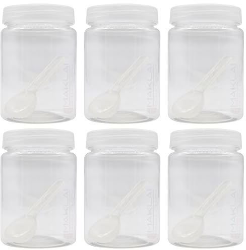 MAKREL Unbreakable Plastic Spice Jars with Spoons. Premium Clear Storage Containers with Screw Top Lids, Multi-Purpose Kitchen Food Jar Set (6 x 300ml)