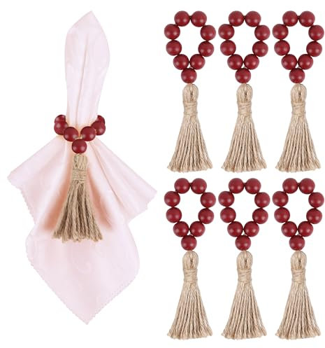 Meplait Serviettenringe mit Holzperlen und Quaste - Bauernhaus-Boho-Stil für Esstisch, Hochzeitsdekoration, Burgunderrot, 6 Stück
