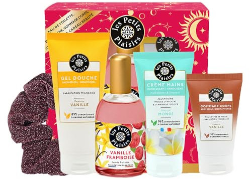 Les Petits Plaisirs - Set de perfume de vainilla frambuesa para mujer, gel de ducha, crema de manos, botella de 110 ml