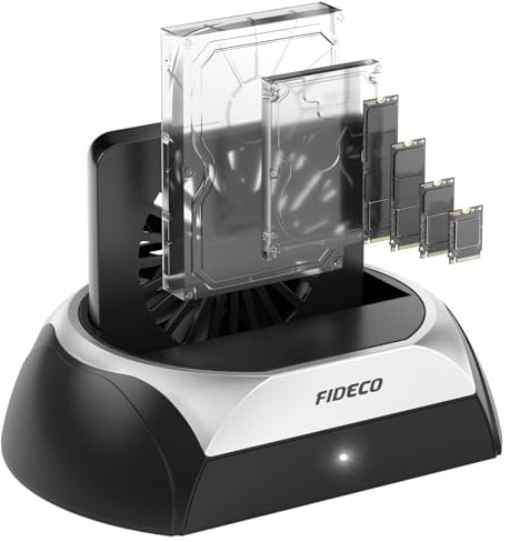 FIDECO Station d'accueil pour Disque Dur, M.2 SSD Dock Disque Durs, avec Ventilateur de Refroidissement, Prend en Charge Disques Durs SATA HDD SSD de 2,5 et 3,5 et SSD M.2 NVME SATA