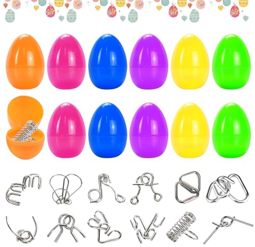 12 Ostereier Gefüllt mit 3D Puzzle Spielzeug, Metall Ostereier Spielzeug, Knobelspiele Geduldspiele Metallpuzzle Erwachsene Kinder, Ostereier Plastik,Ostereiersuche,Ostereier zum Befüllen Osterkörbe