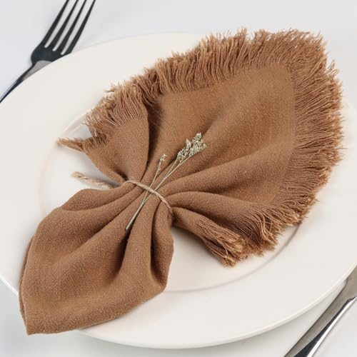Dololoo Handmade Cloth Napkins, Cotton Linen Cloth Napkins with Fringe, Versatile Handmade Square Rustic Fringe Napkins for Dinner, Wedding and Parties, 45 x 45 CM Set of 4, Taupe