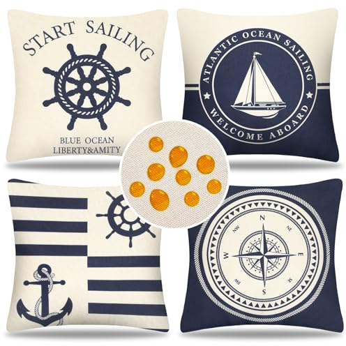 Kissenbezug Maritimes Thema 4er Set Kissenbezug Outdoor wasserdichte Kissen Moderne Sofakissen Marineblau Streifen Deko Kissenhülle Leinen 40 x 40cm für Sofakissen Bezug Auto Garten Draußen Drinnen