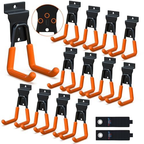 3-H 12 Stück Slatwall Haken Slatwall Zubehör Garagehaken U Form Garage Hooks mit 2 Aufbewahrungsgurt für Geräte Garten Garage Schuppen Orange