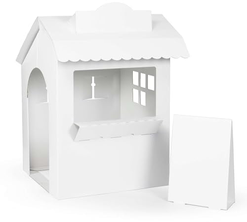 FOLDZILLA Spielhaus Laden Kiosk 105 x 75 x 75 cm Kaufmannsladen für Kinder Supermarkt aus Pappe Marktstand - Weiß zum Bemalen und Bekleben