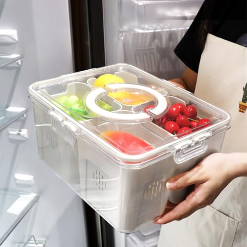 Sagreeny Fruit Storage Containers with Lid: Divided Serving Tray with Handle for Fridge, Kitchen Organizers and Storage Fruit Berry Strainer, Snackle Box Container for Travel Picnic Road Trip