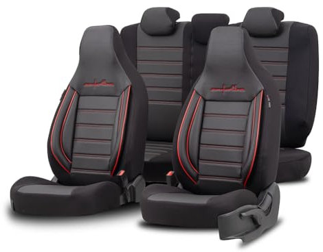 otoM Universelle Leder/Stoff 'CityBug' Sitzbezüge 'Comfortline' Schwarz/Rot - 9-Teilig- - kompatibel mit Side-Airbags