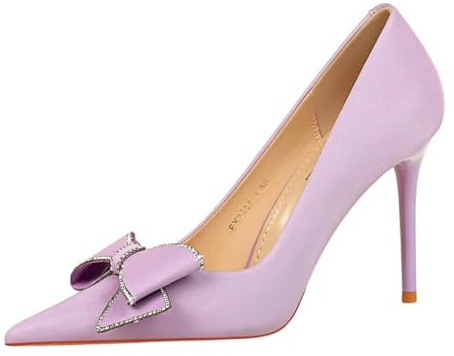 JOEupin Women's Slip On Pointed Toe Bow Decoration Stiletto High Heel Pumps Shoes Wedding Bridal Party Dress Shoes Lilac