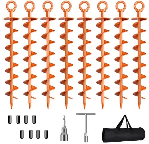 Erdanker zum Einschrauben, 8 Stück, spiralförmige Trampolin-Anker mit Mutter und Werkzeug, Schaukel-Set, Anker, Zeltheringe, hoher Wind, strapazierfähig, für Schuppen, Carports, Wohnmobil, Orange