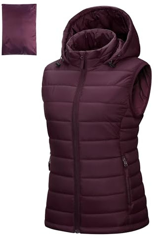 Outdoor Ventures Gilet trapuntato da donna con cappuccio, imbottito, per le mezze stagioni, imbottito, sportivo, da donna, caldo, con colletto alto, per escursioni, campeggio, Lilla, M
