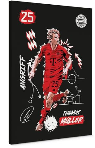 K&L Wall Art FC Bayern München Leinwandbild FCB Logo auf Leinwand Fußball Bundesliga Wandbild in Holzkeilrahmen- Offizielles Lizenzprodukt (Thomas Müller, 20x30 cm)