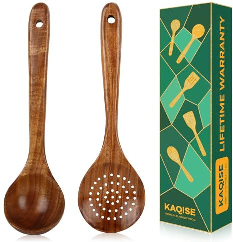 Wooden Kitchen Spoons for Cooking Set of 2, Premium Spoons for Cooking, Teak Wood Ladle & Skimmer Set for Kitchen Cooking