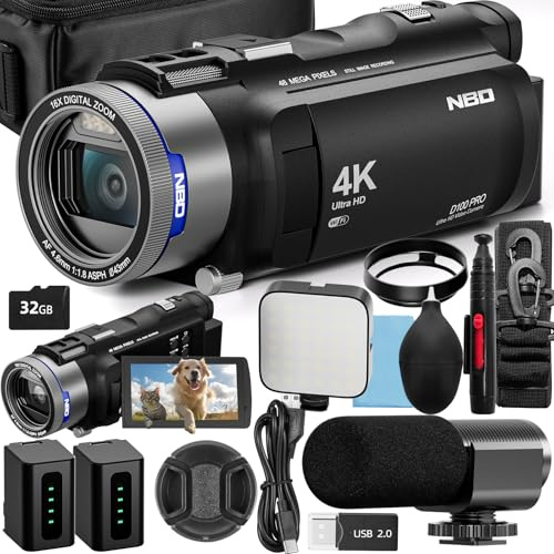 NBD Videocamera 4K Ultra 48MP Vlogging Camera per YouTube, Zoom Digitale 16X Videocamera 3 IPS 270° Flip Screen con microfono, Luce di riempimento, 2 batterie e scheda SD 32G (nero)