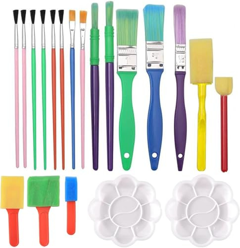 Lot de 20 pinceaux colorés pour enfants, avec palettes de peinture, pour enfants, tout-petits, débutants, aquarelle, huile, acrylique, visage