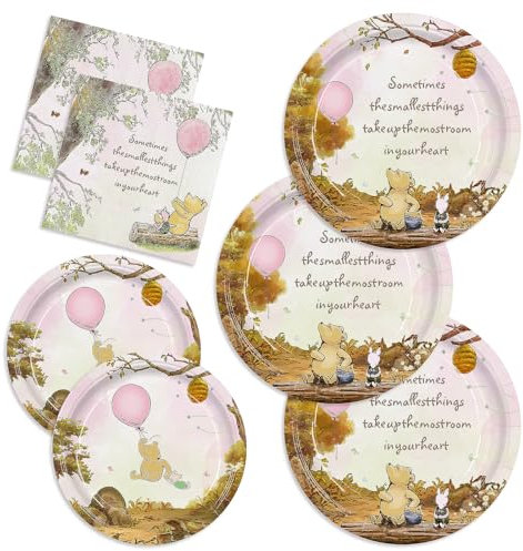 AURORAPARTY 150pcs Winnie Bear Baby Shower Decoration Vintage Pink Bear Party Plates Napkins Paper Disposable Baby Girls Newborn Birthday Tableware for 50 Guests