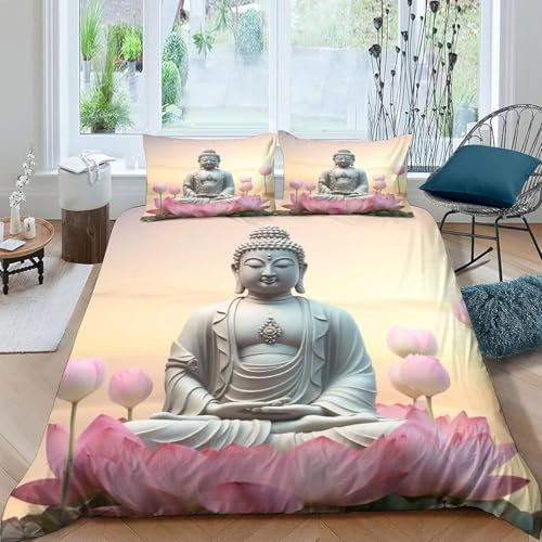 3D Bettwäsche-Set 3 Teilig, Bettwäsche Set 100% Mikrofaser Mit Reißverschluss Sparset Bettbezug Mit Reißverschluss Und 2 Kopfkissenbezüge 80X80Cm - Buddha-Statue 90X190 cm - Anti-Allergie -163Y306F18