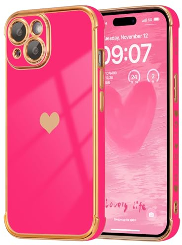 DEFBSC for iPhone 13 Case Cute Side Love Heart Pattern,Hot Pink | Fashion Plated Edge Soft TPU Bumper Shockproof Protective Phone Cover for Girls Women,Raised Camera Protection