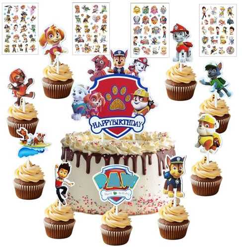 28 Stück Cake Topper Set + 4 Blätter Temporäre Tattoos für Kinder, Kuchen Deko, Muffin Deko, Cupcake Topper Deko, Kindergeburtstag Party Geburtstag Deko