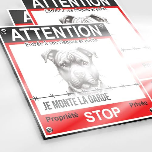 Panneau Staffie 190x190mm Dibond 2mm + 4 Autocollants Vidéo Surveillance - Plaque Attention au Chien Propriété Privée